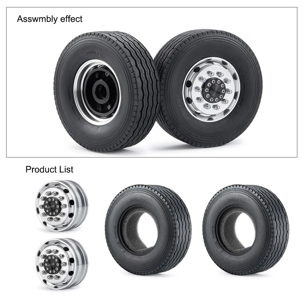 Front Metal Wheel Rims With Rubber Tires For 1/14 Tamiya Trailer & Tractor RC Trucks – Silver Finish